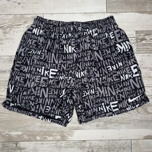 Nike Swim Shorts Mens Large Black Allover Logo Print Lined Drawstring Trunks